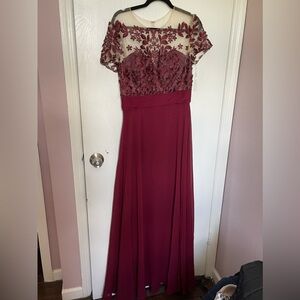 NWOT JS COLLECTIONS Sz 10 Burgundy Wine Long Wedding Prom Sheer Floral Dress